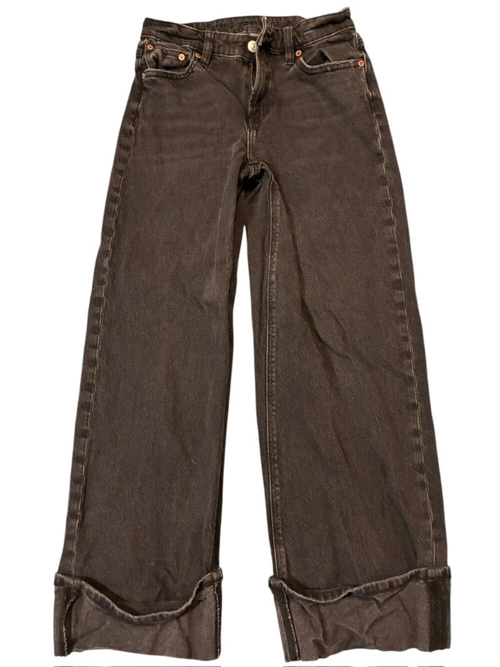 American Eagle Womens 0 Short Black Wide Leg Jeans High Rise Cuffed Baggy